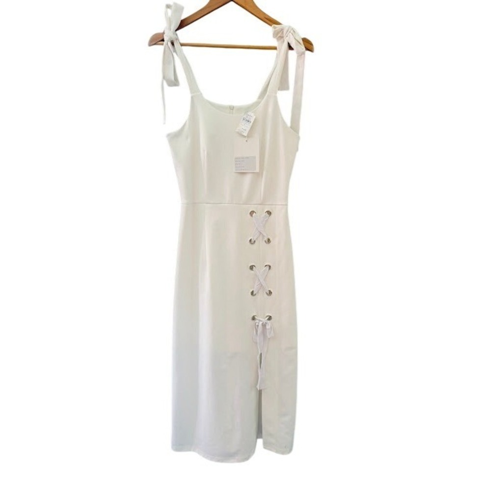 Avantlook Lace Up Tie Shoulder Midi Dress Women S White NWT Slit ALDR003